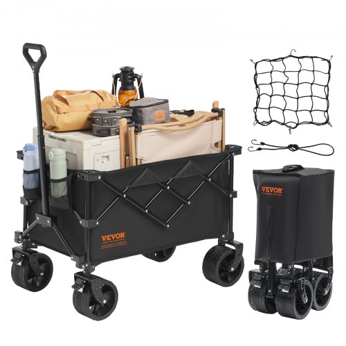 VEVOR Carrello Pieghevole in Tessuto Oxford 600D con 4 Ruote Carico 120 kg ca., Carrello Portaoggetti Colore Nero 890 x 540 x 1080 mm da Giardino Spiaggia Pesca Campeggio, Carrello da Spiaggia 150 L