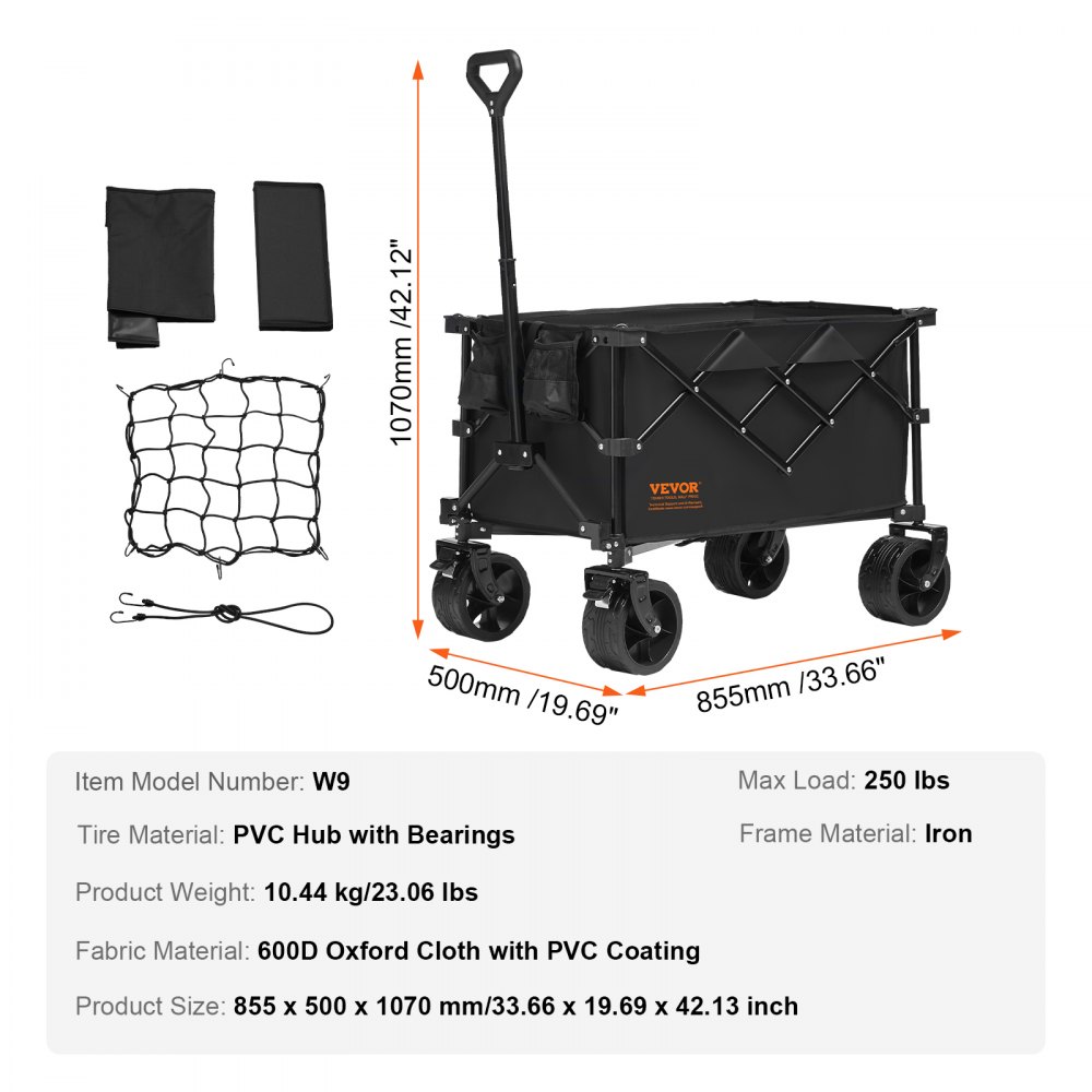 VEVOR Wagon 855 x 500 x 1070 mm, stroller made of 600D Oxford fabric with PVC coating, beach wagon, 113 L storage capacity, max. 113 kg load capacity, transport cart, equipment cart, handcart