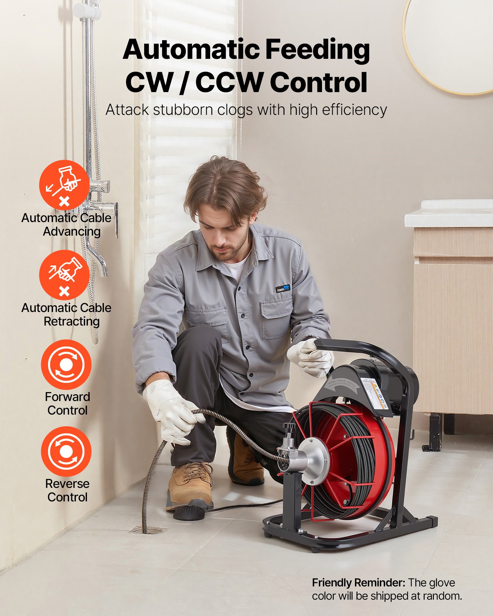 VEVOR Macchina per la Pulizia degli Scarichi 15 m x 8 mm, Trivella per Fognatura ad Alimentazione Automatica con 4 Lame e Interruttore a Pedale ad Aria Compressa per Tubi da 50 mm a 100 mm