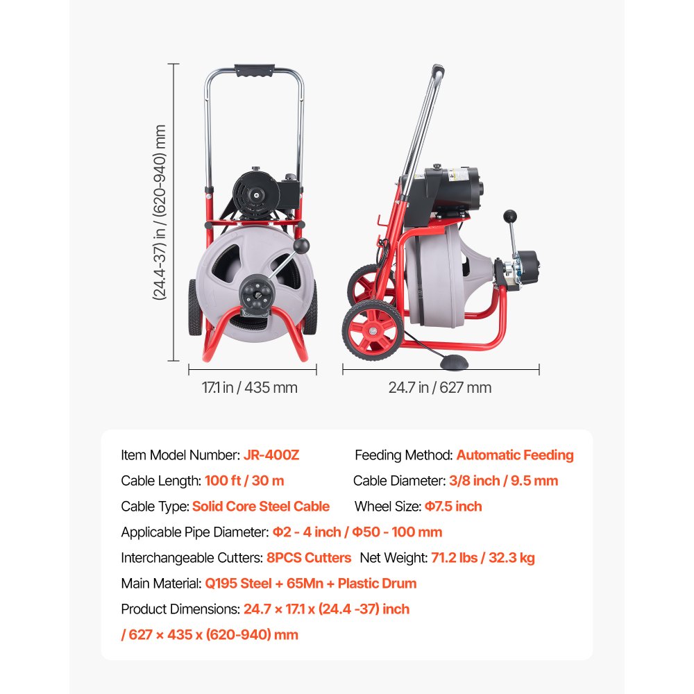 VEVOR Macchina per la Pulizia degli Scarichi 30 m x 9,5 mm, Trivella per Scarichi con Alimentazione Automatica su Ruote, 8 Lame e Interruttore a Pedale ad Aria Compressa per Tubi da 50 mm a 100 mm