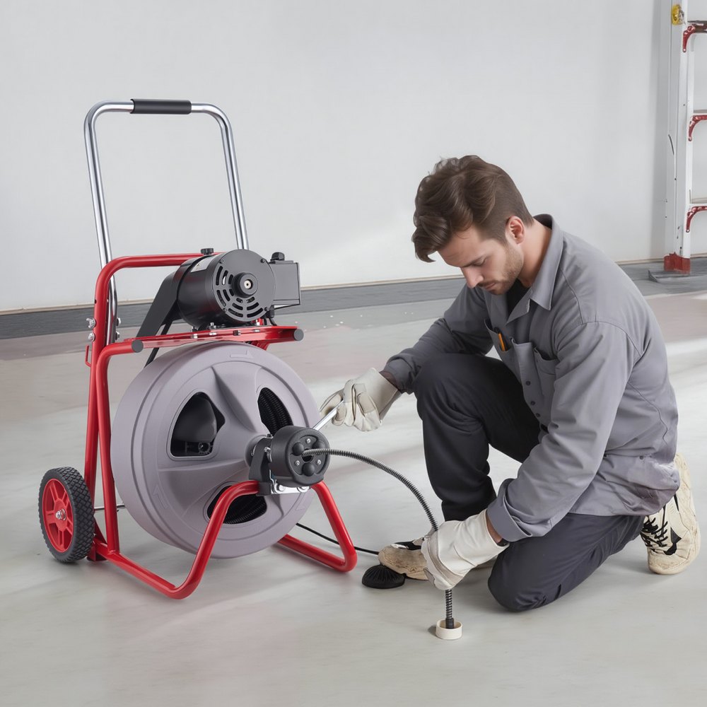 VEVOR Macchina per la Pulizia degli Scarichi 30 m x 13 mm, Trivella per Scarichi con Alimentazione Automatica su Ruote, con 8 Lame e Interruttore a Pedale ad Aria Compressa per Tubi da 50 mm a 150 mm