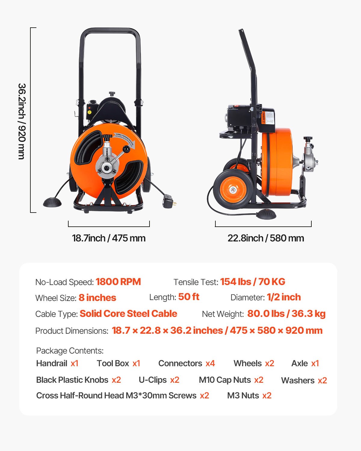 VEVOR Macchina Elettrica Sturatubi di Scarico Set Taglierino Velocità 1500 giri/min Cavo 15m x 12,7mm, Macchina Sturatubi Molla Automatica per Tubazione 1,9A Protezione IP20 4 Taglierini Sostituibili