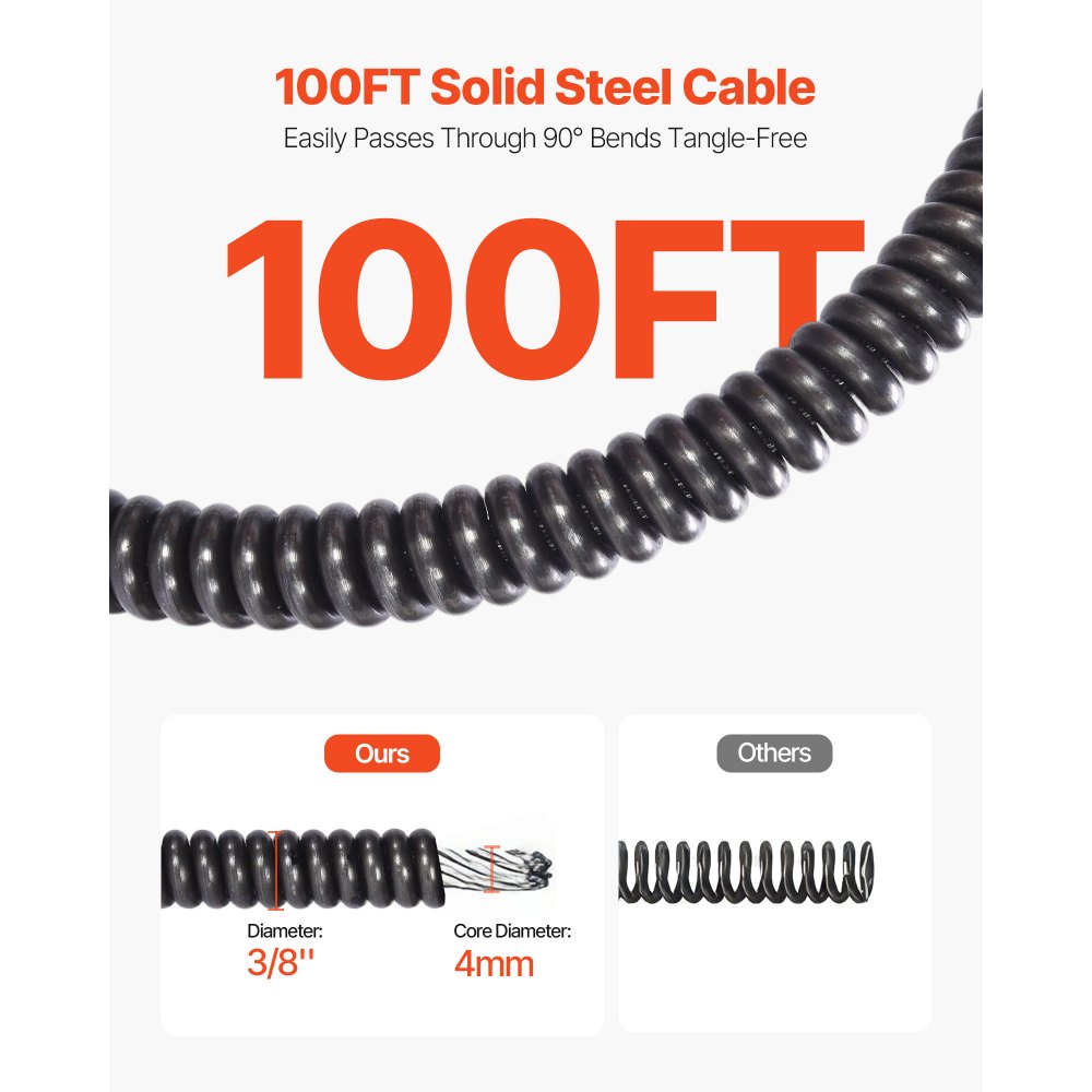 VEVOR Sturatubi Elettrico 30 m x 9,5 mm, Sonda per Fognature con Avanzamento Automatica su Ruote Portatile, 4 Lame e Interruttore a Pedale, per Tubi con Diametro da 5 a 10 cm, per Scarichi e Lavandini