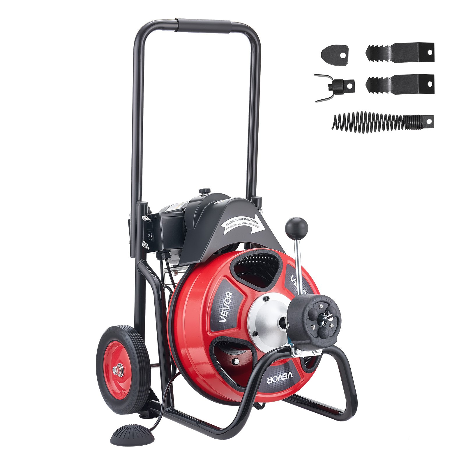 VEVOR Sturatubi Elettrico 30 m x 9,5 mm, Sonda per Fognature con Avanzamento Automatica su Ruote Portatile, 4 Lame e Interruttore a Pedale, per Tubi con Diametro da 5 a 10 cm, per Scarichi e Lavandini