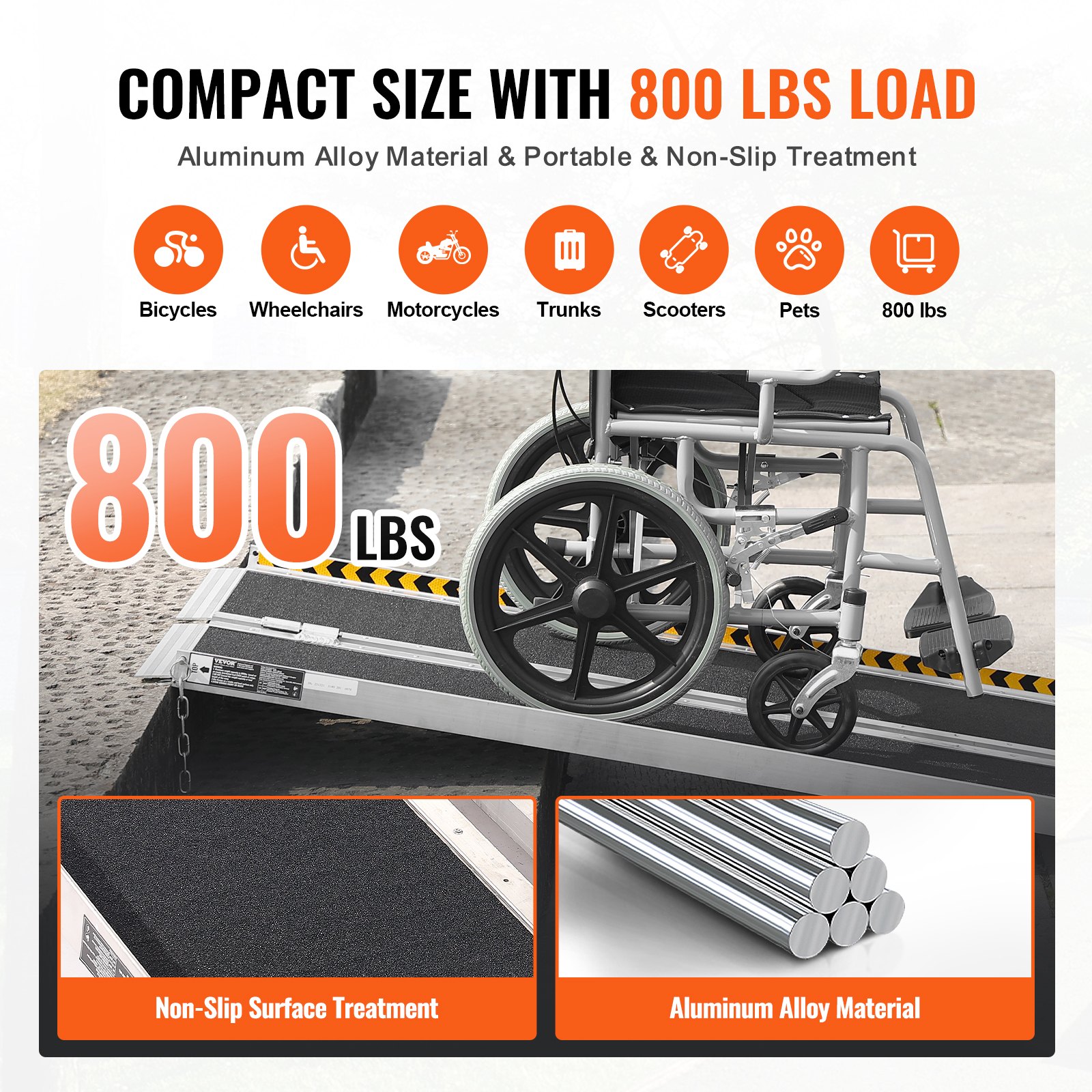 VEVOR Portable Wheelchair Ramp, 182.88 cm, 363 kg Capacity, Anti-Slip Aluminum Folding Threshold Ramp, Foldable Mobility Scooter Ramp, Wheelchair Ramp for Steps, Stairs, Doorways, and Curbs