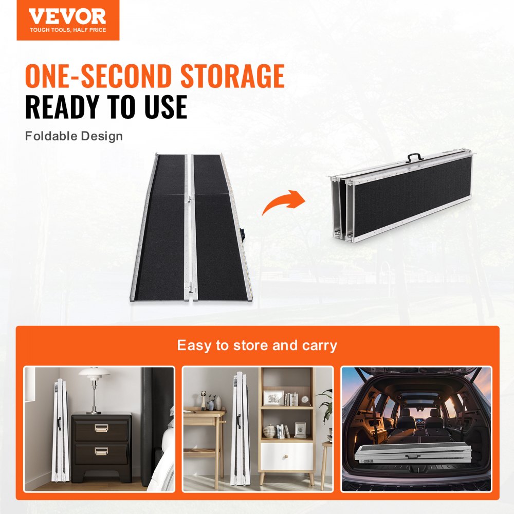 VEVOR Portable Wheelchair Ramp 2.44 m 363 kg Load Capacity Non-Slip Aluminum Folding Threshold Ramp Foldable Wheelchair Ramp for Mobility Scooters Disabled Person's Ramp for House Steps Stairs Doors Curbs
