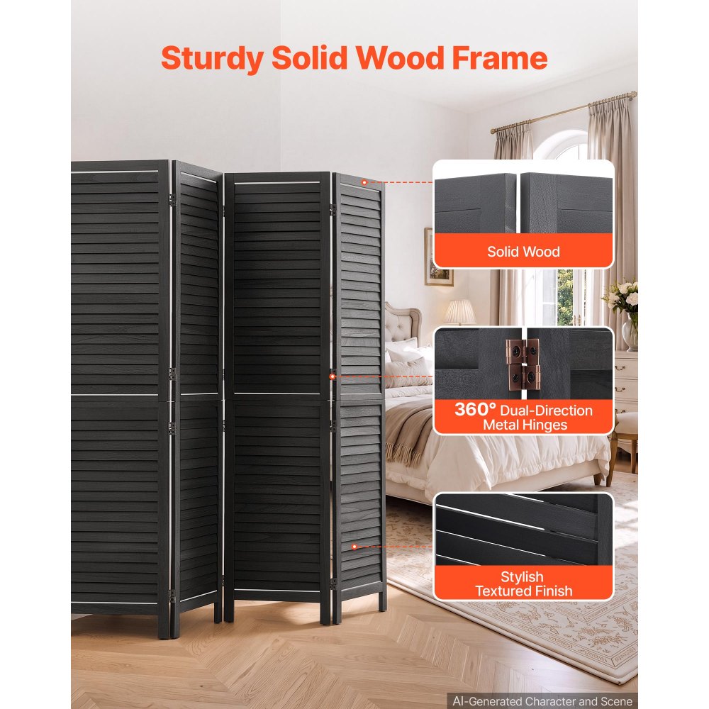 VEVOR Divisorio per Ambienti in Legno a 4 Pannelli 1702 mm Pieghevole Nero, per Privacy Separazione Ambienti e Arredamento Casa, Cerniere a 360°, Facile da Montare, con Lamelle e Accessori Inclusi
