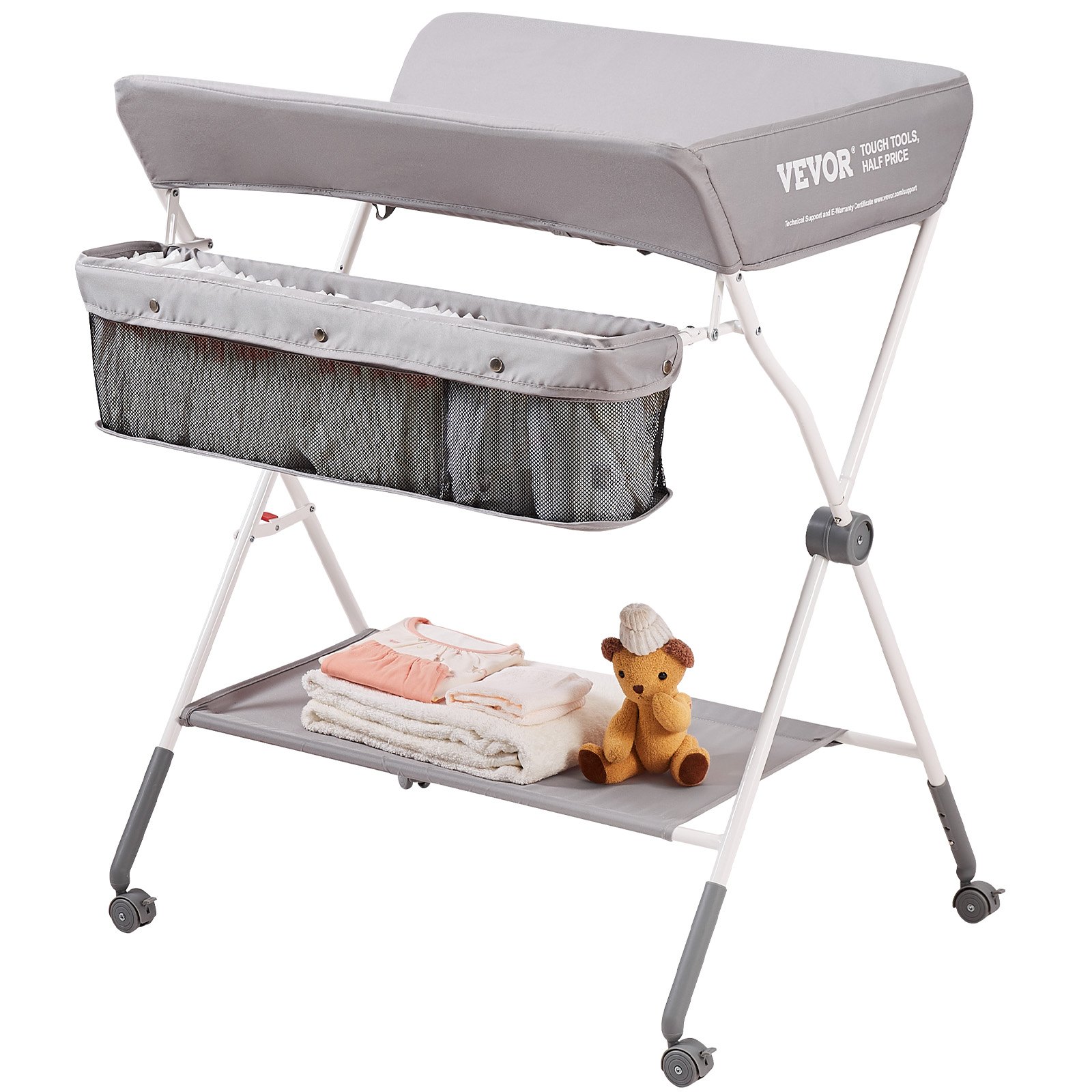 VEVOR Fasciatoio Pieghevole per Neonati Bambini con Cestello Portaoggetti e Ruote Bloccabili Altezza Regolabile a 3 Livelli 102/104/106 cm Portata Massima 15 kg Acciaio al Carbonio e Tessuto Oxford