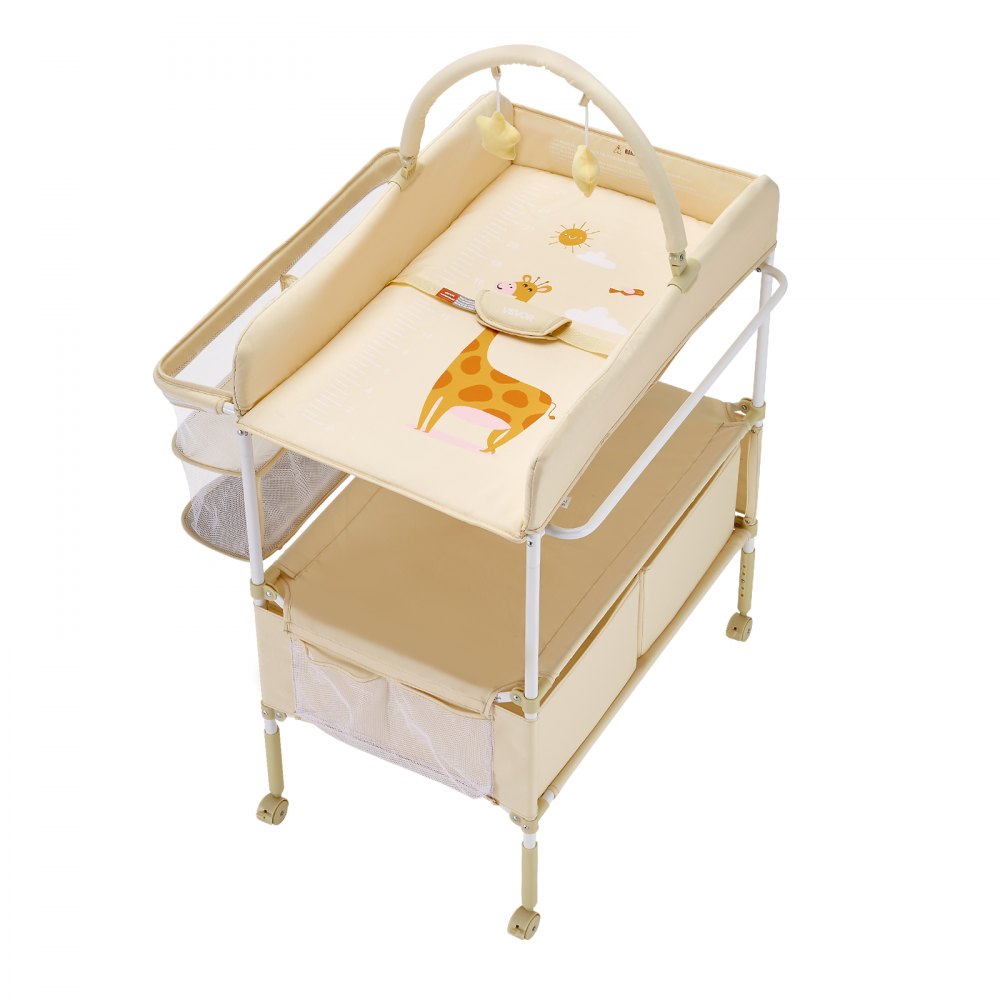 VEVOR Fasciatoio Pieghevole con 2 Cassetti in Tessuto, Cestino Laterale e Asta Appendiabiti, Fasciatoio Portatile Regolabile in Altezza con Ruote Bloccabili e 2 Giocattoli, Beige Chiaro