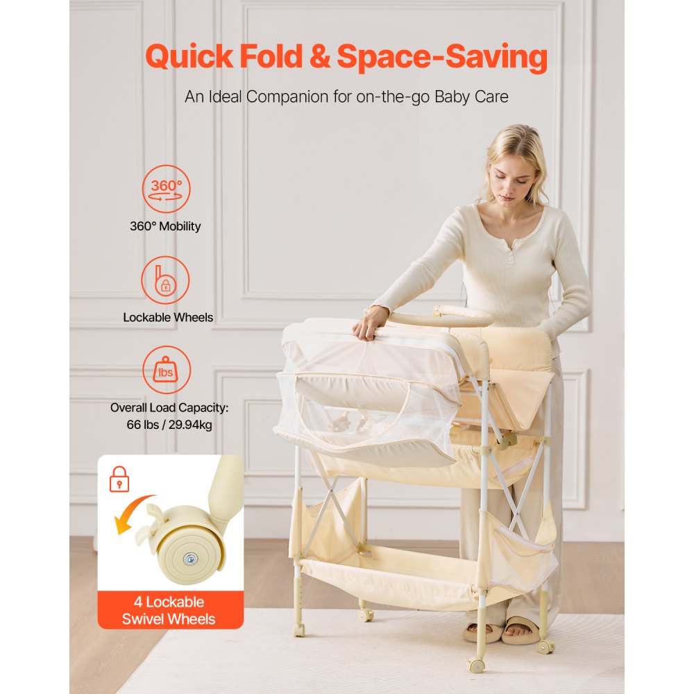 VEVOR Baby Changing Table, Foldable Diaper Change Station with 2 Fabric Drawers, Side Basket & Hanging Rod, Adjustable Height Portable Changing Table with Lockable Wheels & 2 Star Toys, Light Beige