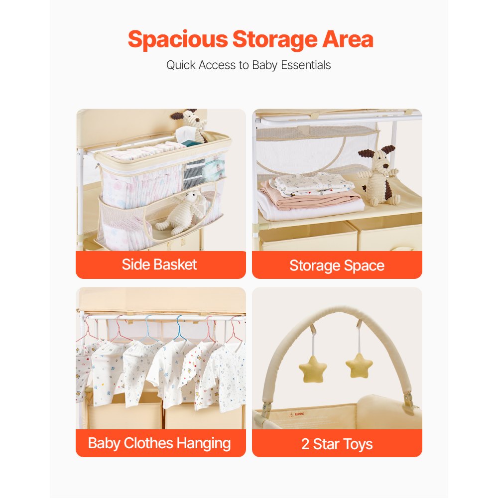 VEVOR Baby Changing Table, Foldable Diaper Change Station with 2 Fabric Drawers, Side Basket & Hanging Rod, Adjustable Height Portable Changing Table with Lockable Wheels & 2 Star Toys, Light Beige