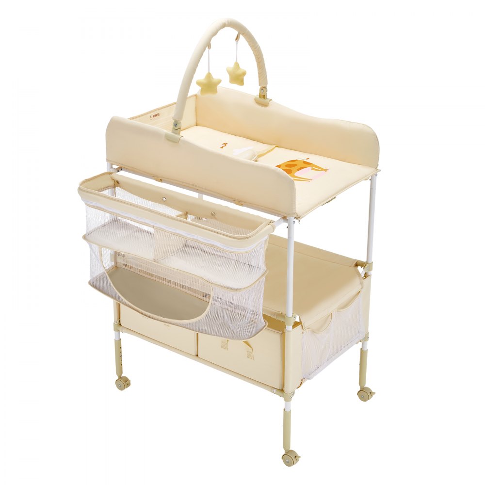 VEVOR Baby Changing Table, Foldable Diaper Change Station with 2 Fabric Drawers, Side Basket & Hanging Rod, Adjustable Height Portable Changing Table with Lockable Wheels & 2 Star Toys, Light Beige