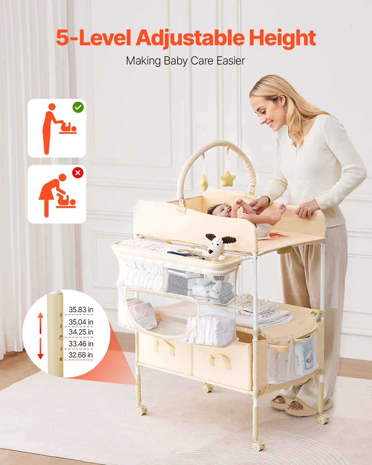 VEVOR Baby Changing Table, Foldable Diaper Change Station with 2 Fabric Drawers, Side Basket & Hanging Rod, Adjustable Height Portable Changing Table with Lockable Wheels & 2 Star Toys, Light Beige