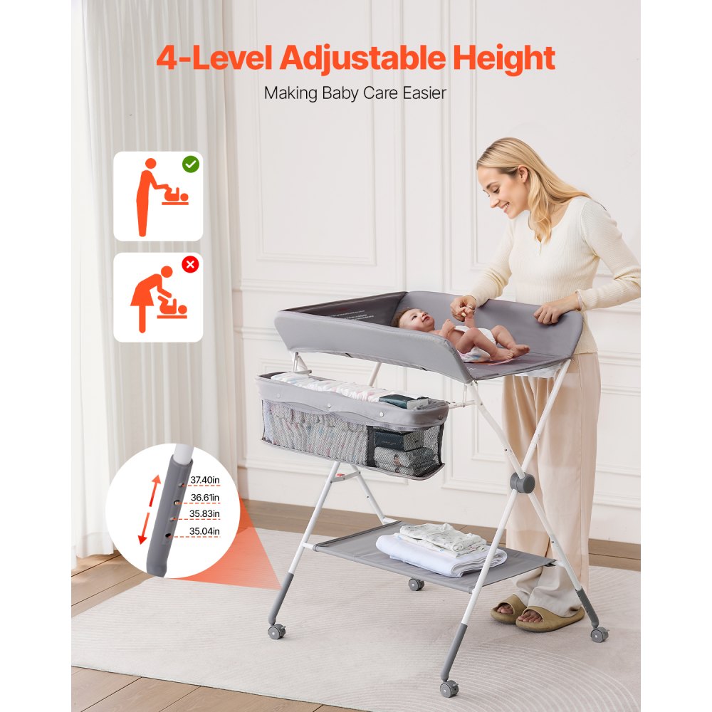 VEVOR Fasciatoio per Neonati, Fasciatoio Pieghevole con Cestino Laterale Portatile ad Altezza Regolabile con Ruote Bloccabili, Organizzatore Multifunzionale per Cameretta dei Bambini, Grigio Chiaro