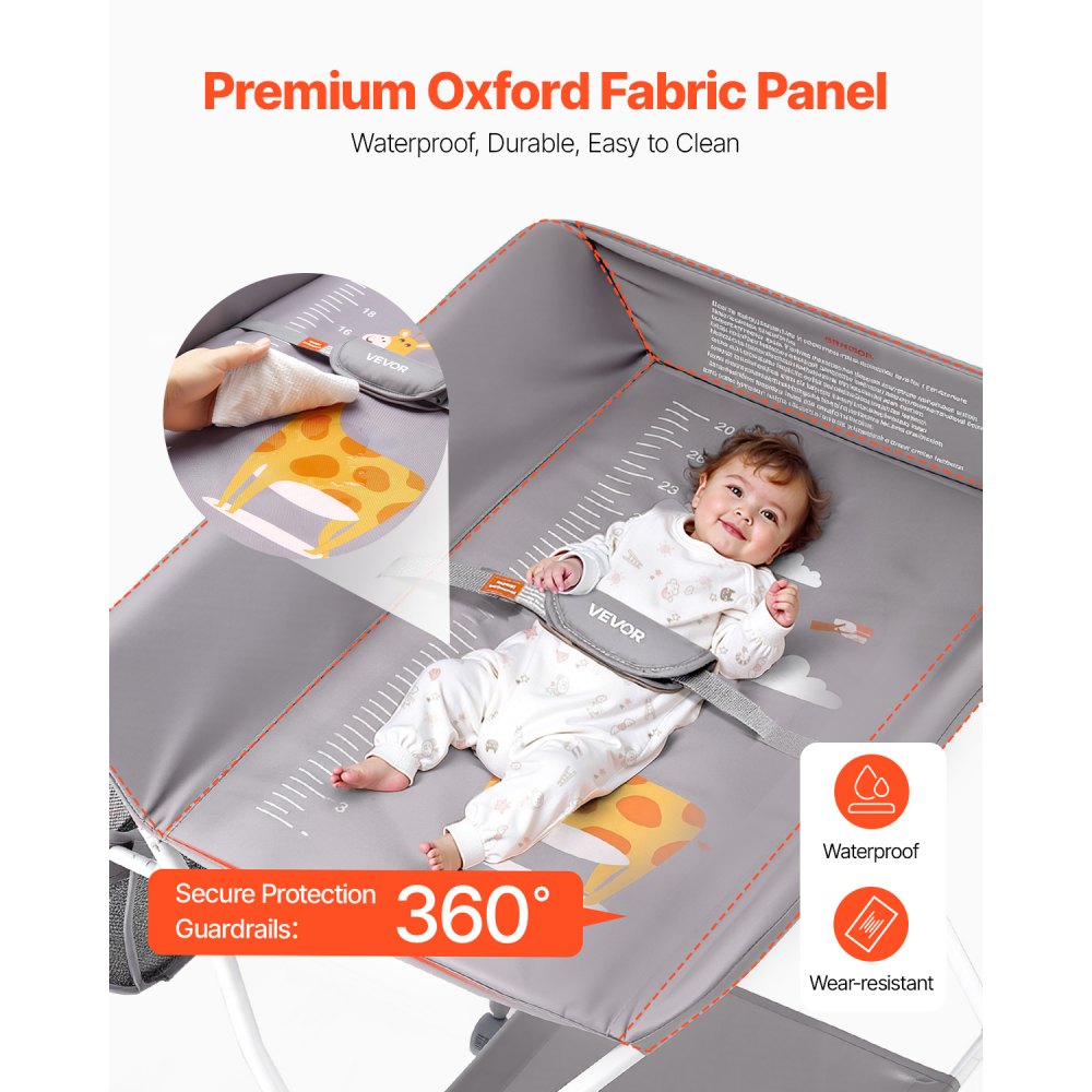 VEVOR Fasciatoio per Neonati, Fasciatoio Pieghevole con Cestino Laterale Portatile ad Altezza Regolabile con Ruote Bloccabili, Organizzatore Multifunzionale per Cameretta dei Bambini, Grigio Chiaro
