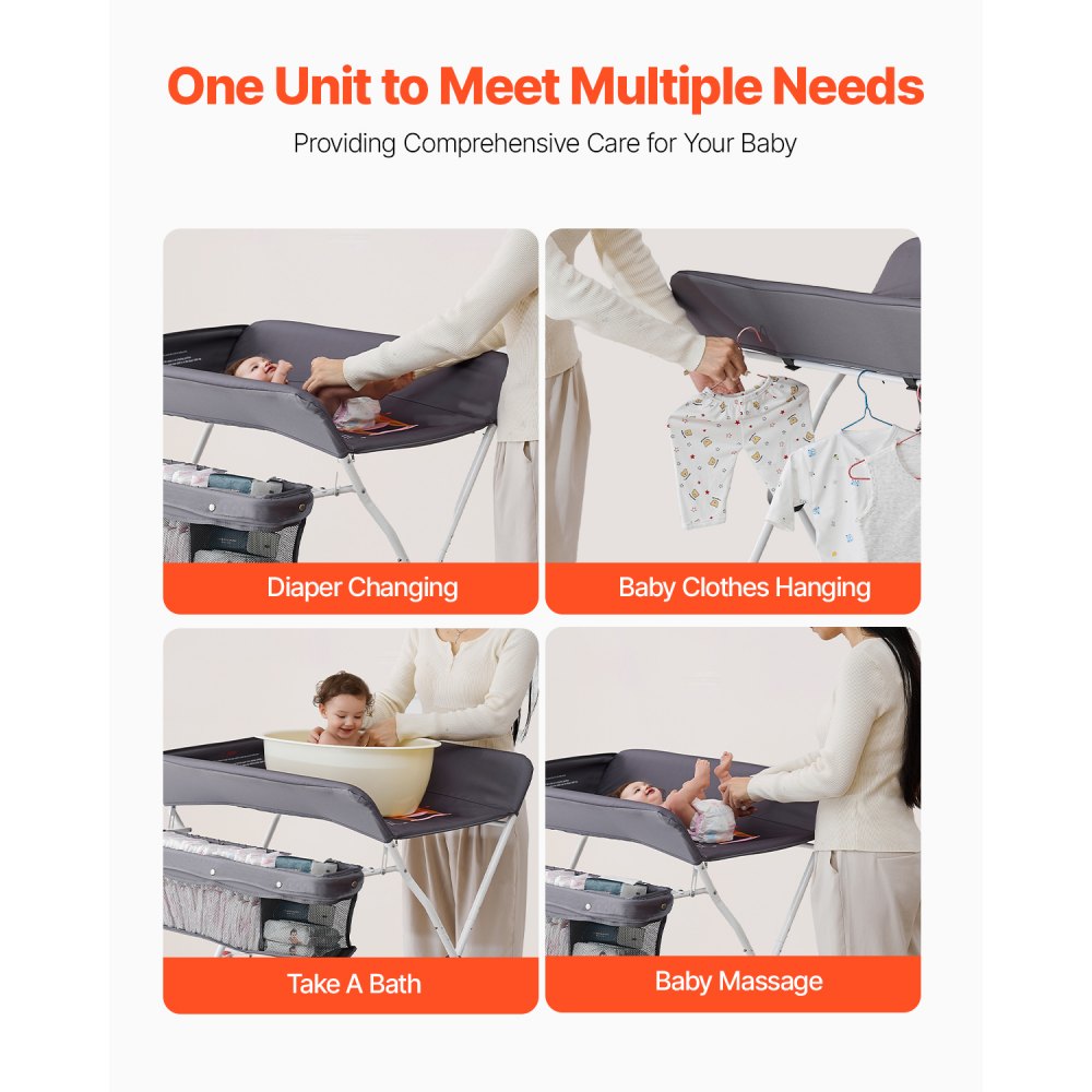 VEVOR Fasciatoio per Neonati, Fasciatoio Pieghevole con Cestino Laterale Portatile ad Altezza Regolabile con Ruote Bloccabili, Organizzatore Multifunzionale per Cameretta dei Bambini, Grigio Scuro