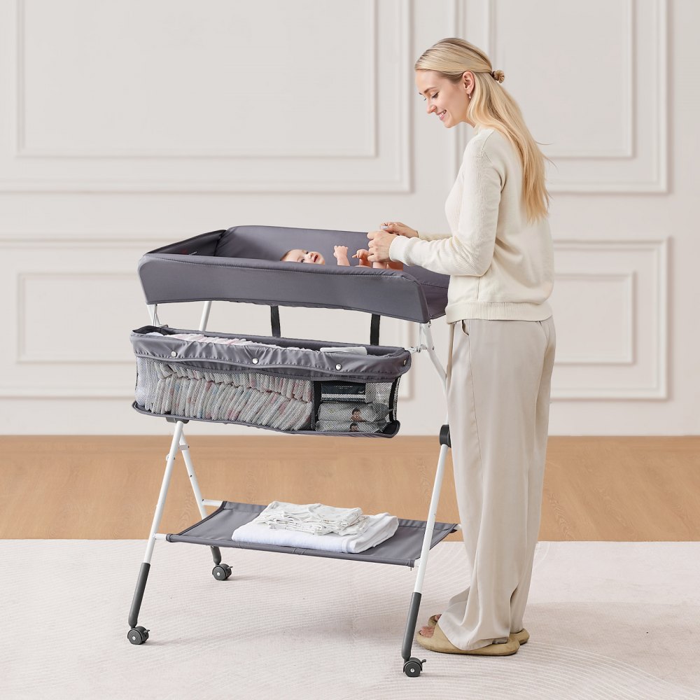 VEVOR Fasciatoio per Neonati, Fasciatoio Pieghevole con Cestino Laterale Portatile ad Altezza Regolabile con Ruote Bloccabili, Organizzatore Multifunzionale per Cameretta dei Bambini, Grigio Scuro