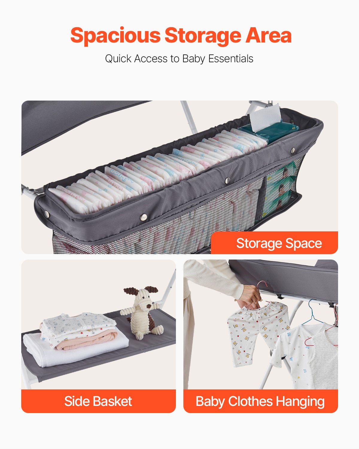 VEVOR Fasciatoio per Neonati, Fasciatoio Pieghevole con Cestino Laterale Portatile ad Altezza Regolabile con Ruote Bloccabili, Organizzatore Multifunzionale per Cameretta dei Bambini, Grigio Scuro