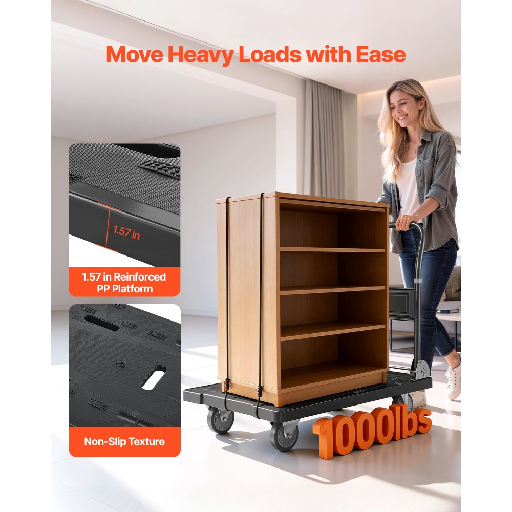 VEVOR Carrello Pieghevole da Trasporto Capacità Carico max. 453,59kg, Carrello con Piattaforma Pieghevole Salvaspazio Dimensioni Piegate 895x595x290 mm Maniglia di Spinta per Traslochi Pacchi Merci