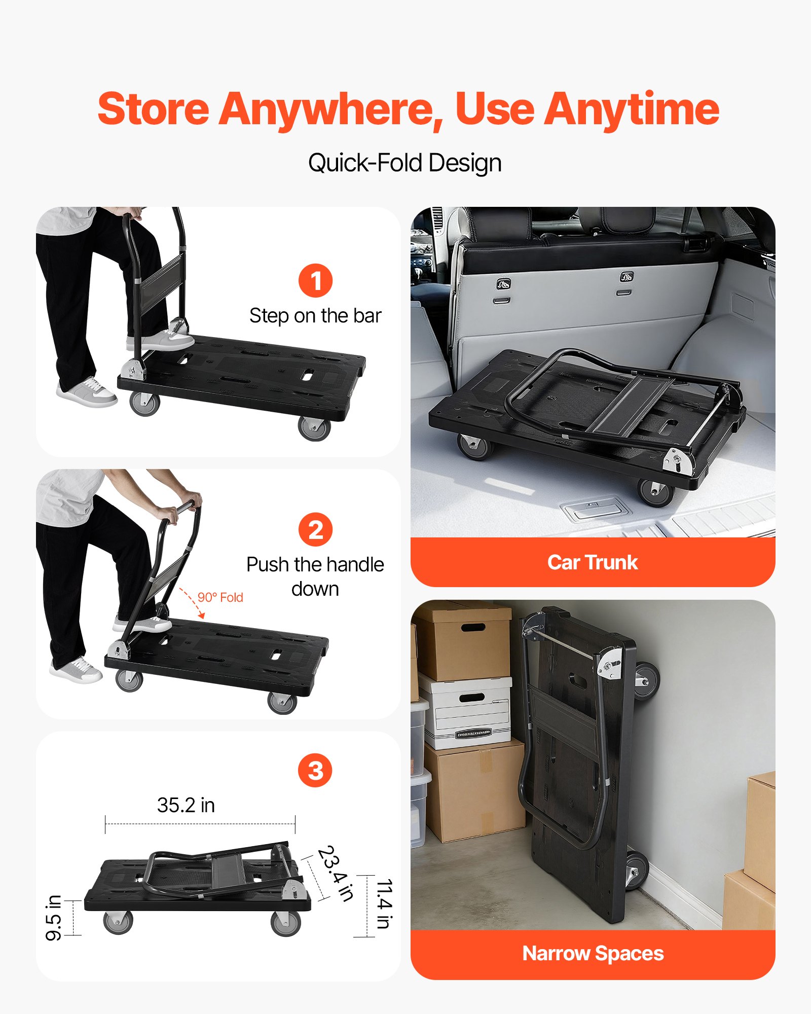 VEVOR Carrello Pieghevole da Trasporto Capacità Carico max. 453,59kg, Carrello con Piattaforma Pieghevole Salvaspazio Dimensioni Piegate 895x595x290 mm Maniglia di Spinta per Traslochi Pacchi Merci