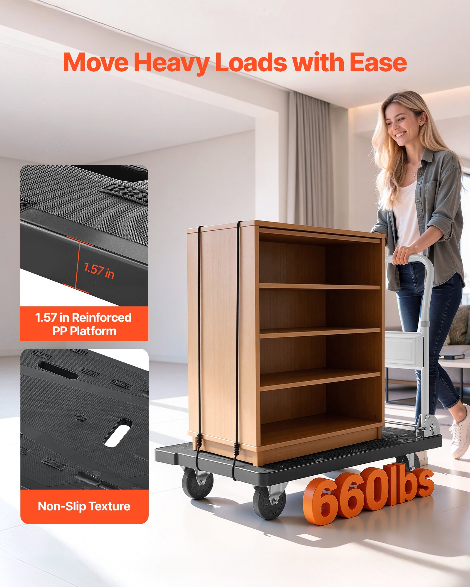 VEVOR Foldable Push Cart Dolly, 299.37 kg Capacity, Folding Platform Truck with Swivel Wheels, Moving Platform Hand Truck Flatbed Cart, Space Saving Push Handle, for Easy Storage, 895 x 595 x 850 mm