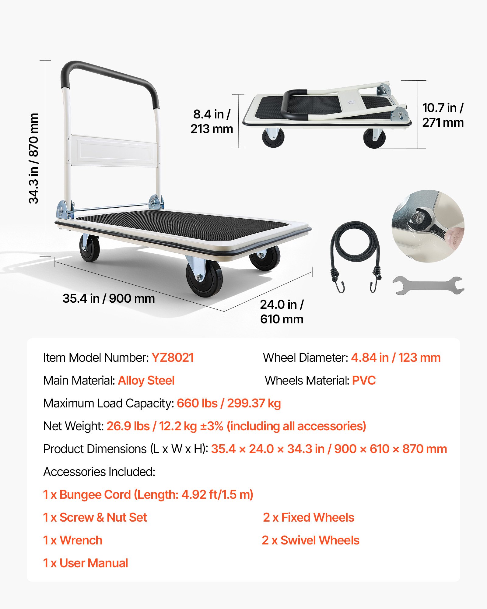 VEVOR Carrello Pieghevole per Trasporto Capacità max. 299,37 kg, Carrello con Piattaforma Pieghevole per Pacchi Merci Traslochi, Maniglia di Spinta, Dimensioni Aperte 900 x 870 x 610 mm