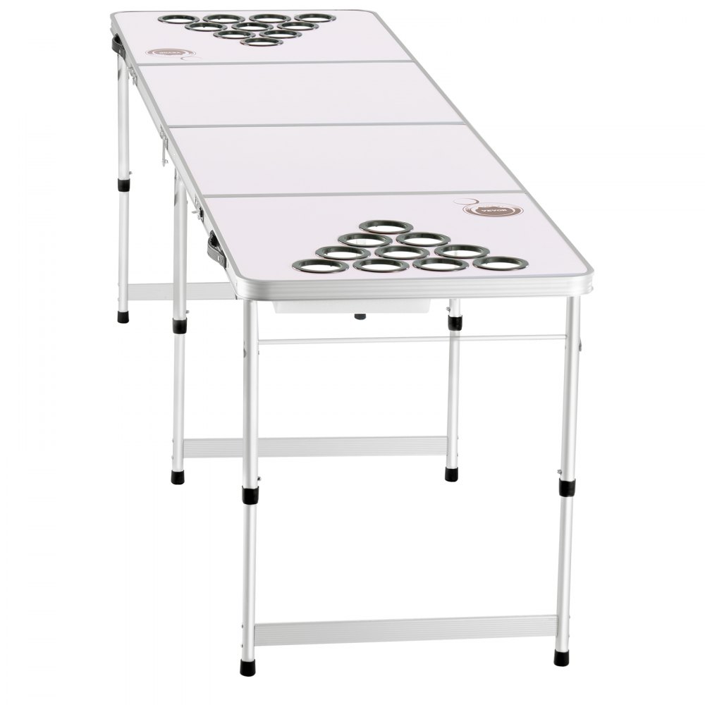 VEVOR Tavolo da Birra Pong Portatile da 2400 mm Tavolo Pieghevole Rialzato Posteriore, Fori per Tazze, Pennarelli Cancellabili a Secco e Maniglie per Trasporto, Tavolo Leggero per Campeggio, Bianco