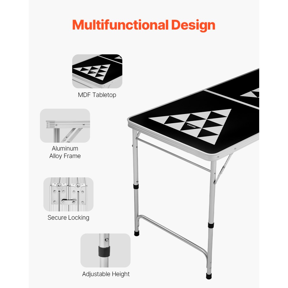 VEVOR Tavolo da Beer Pong Portatile 2,4 m Tavolo Pieghevole Rialzato, con Maniglia da Trasporto e 6 Palline da Pong, Altezza Regolabile, Leggero Portatile per Casa, Ufficio, Campeggio, Nero