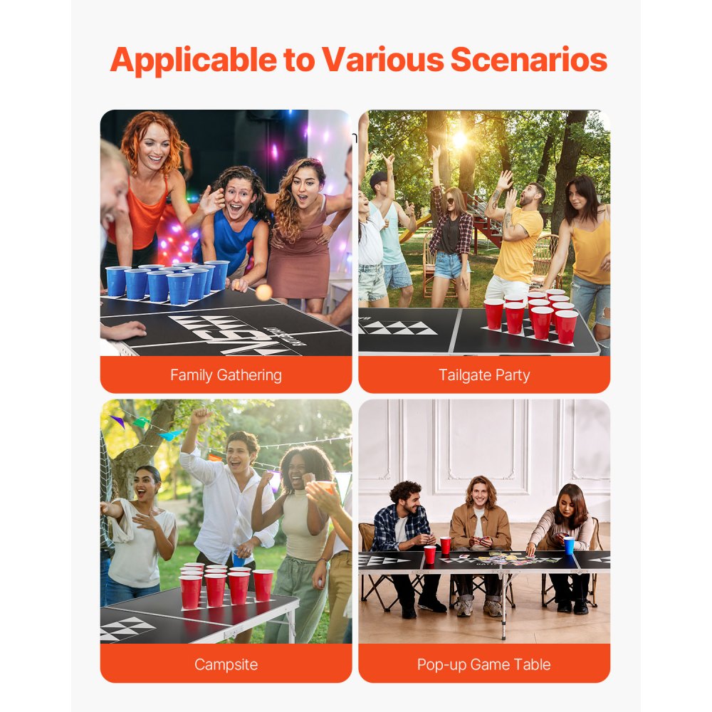 VEVOR Tavolo da Beer Pong Portatile 2,4 m Tavolo Pieghevole Rialzato, con Maniglia da Trasporto e 6 Palline da Pong, Altezza Regolabile, Leggero Portatile per Casa, Ufficio, Campeggio, Nero