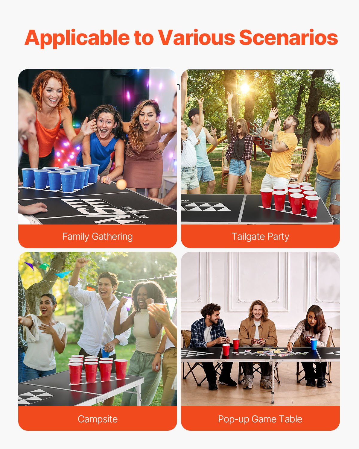 VEVOR Tavolo da Beer Pong Portatile 2,4 m Tavolo Pieghevole Rialzato, con Maniglia da Trasporto e 6 Palline da Pong, Altezza Regolabile, Leggero Portatile per Casa, Ufficio, Campeggio, Nero