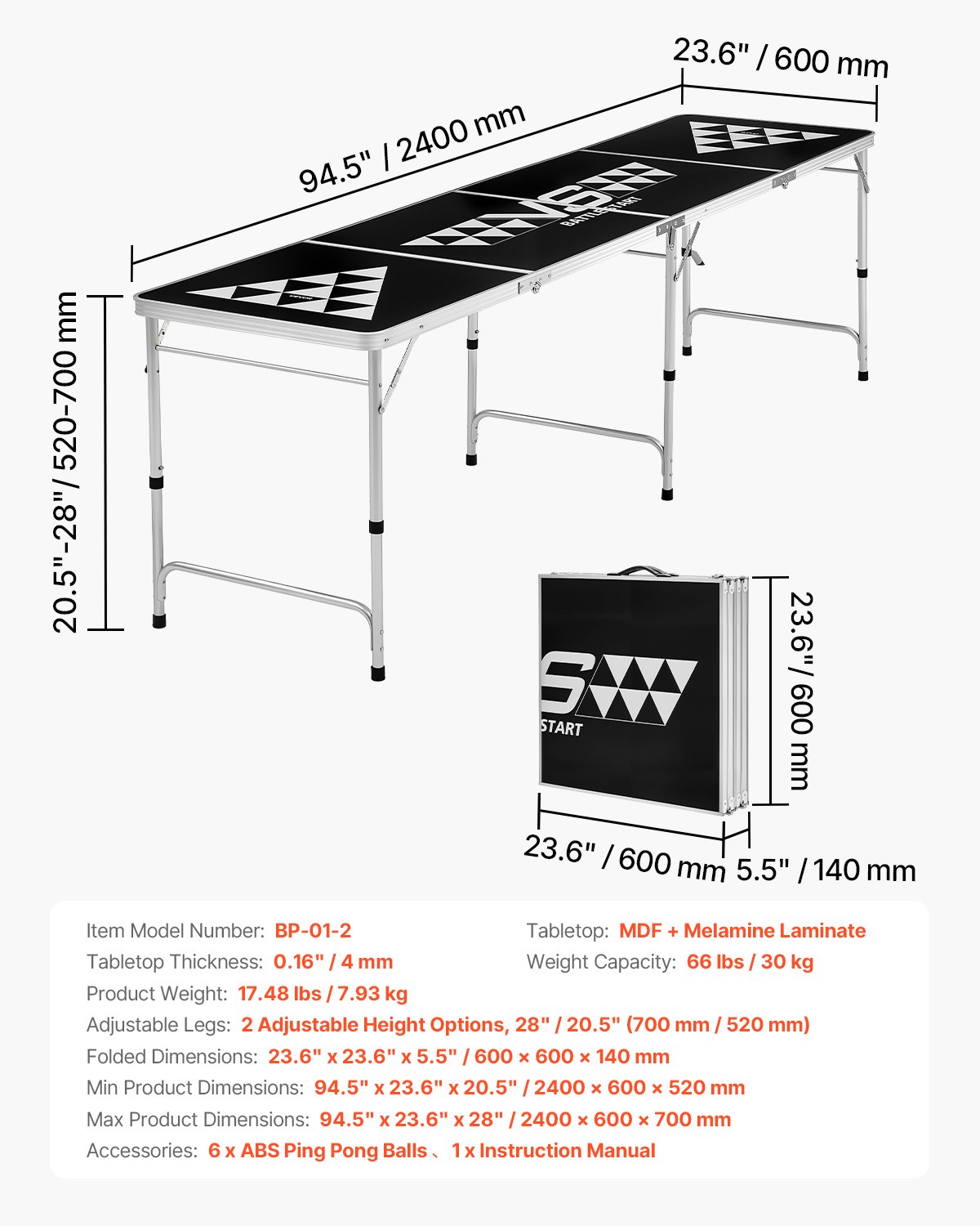 VEVOR Tavolo da Beer Pong Portatile 2,4 m Tavolo Pieghevole Rialzato, con Maniglia da Trasporto e 6 Palline da Pong, Altezza Regolabile, Leggero Portatile per Casa, Ufficio, Campeggio, Nero