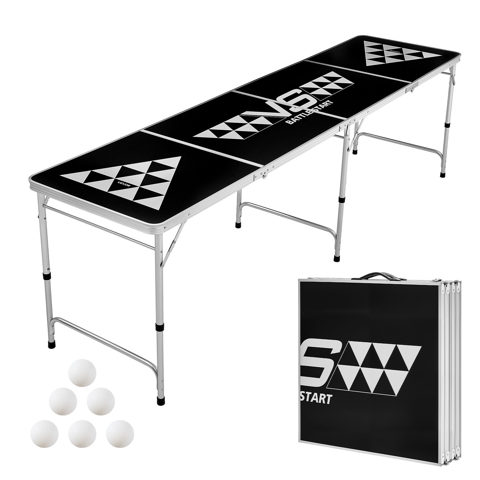 VEVOR Tavolo da Beer Pong Portatile 2,4 m Tavolo Pieghevole Rialzato, con Maniglia da Trasporto e 6 Palline da Pong, Altezza Regolabile, Leggero Portatile per Casa, Ufficio, Campeggio, Nero