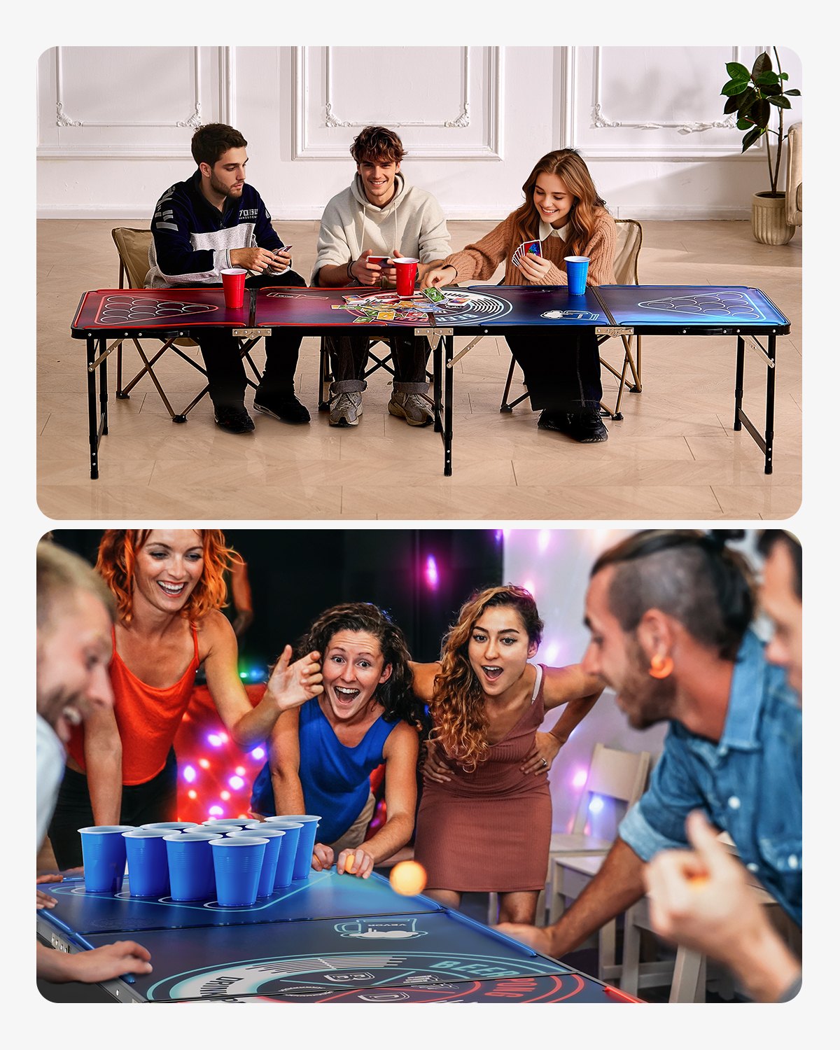 VEVOR Portable Beer Pong Table (240 x 60 x 52/70 cm), Beer Pong Table with Carrying Handles & 6 Pong Balls & LED Lighting, Height-Adjustable Tailgate Table for Office, Travel, Camping
