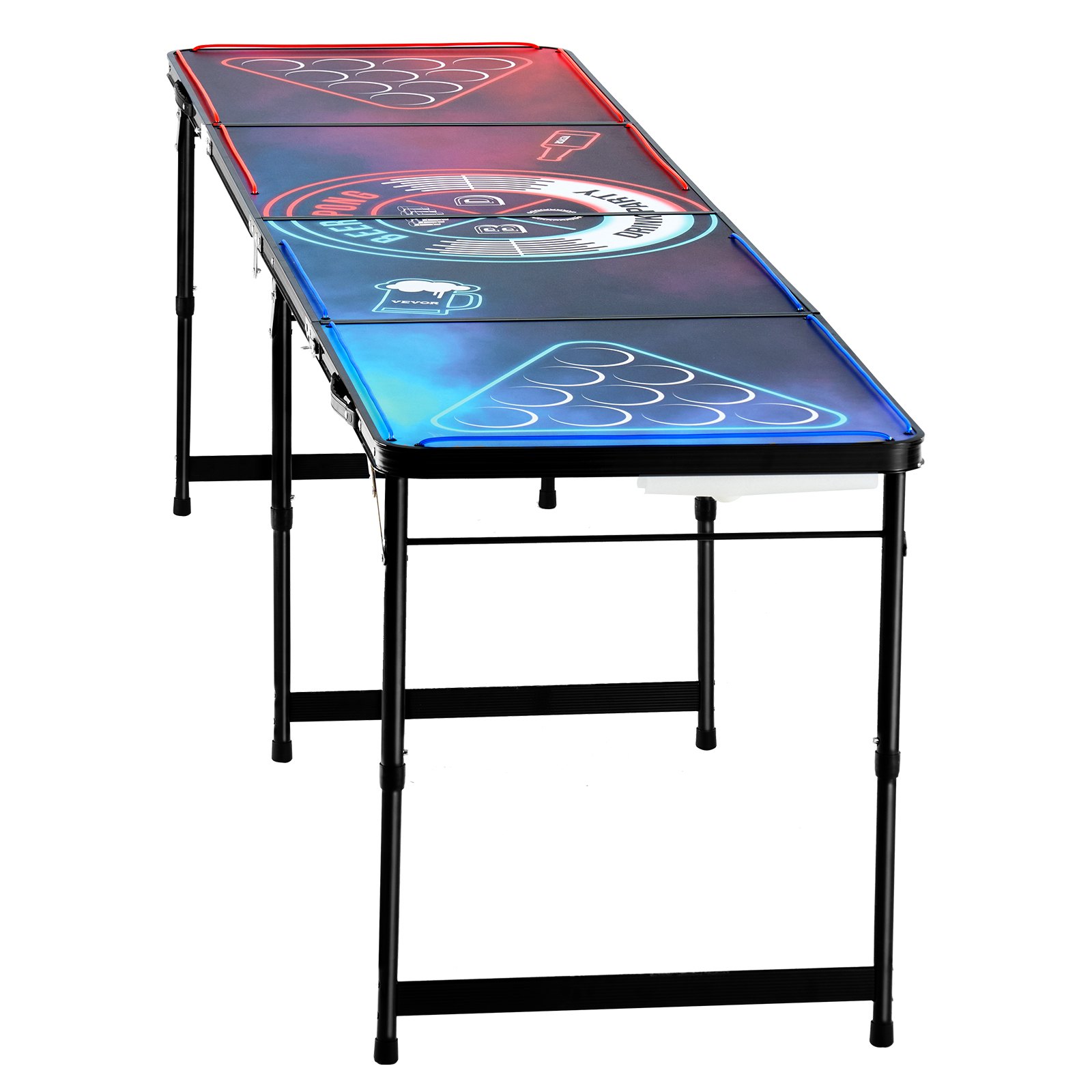 VEVOR Portable Beer Pong Table (240 x 60 x 52/70 cm), Beer Pong Table with Carrying Handles & 6 Pong Balls & LED Lighting, Height-Adjustable Tailgate Table for Office, Travel, Camping