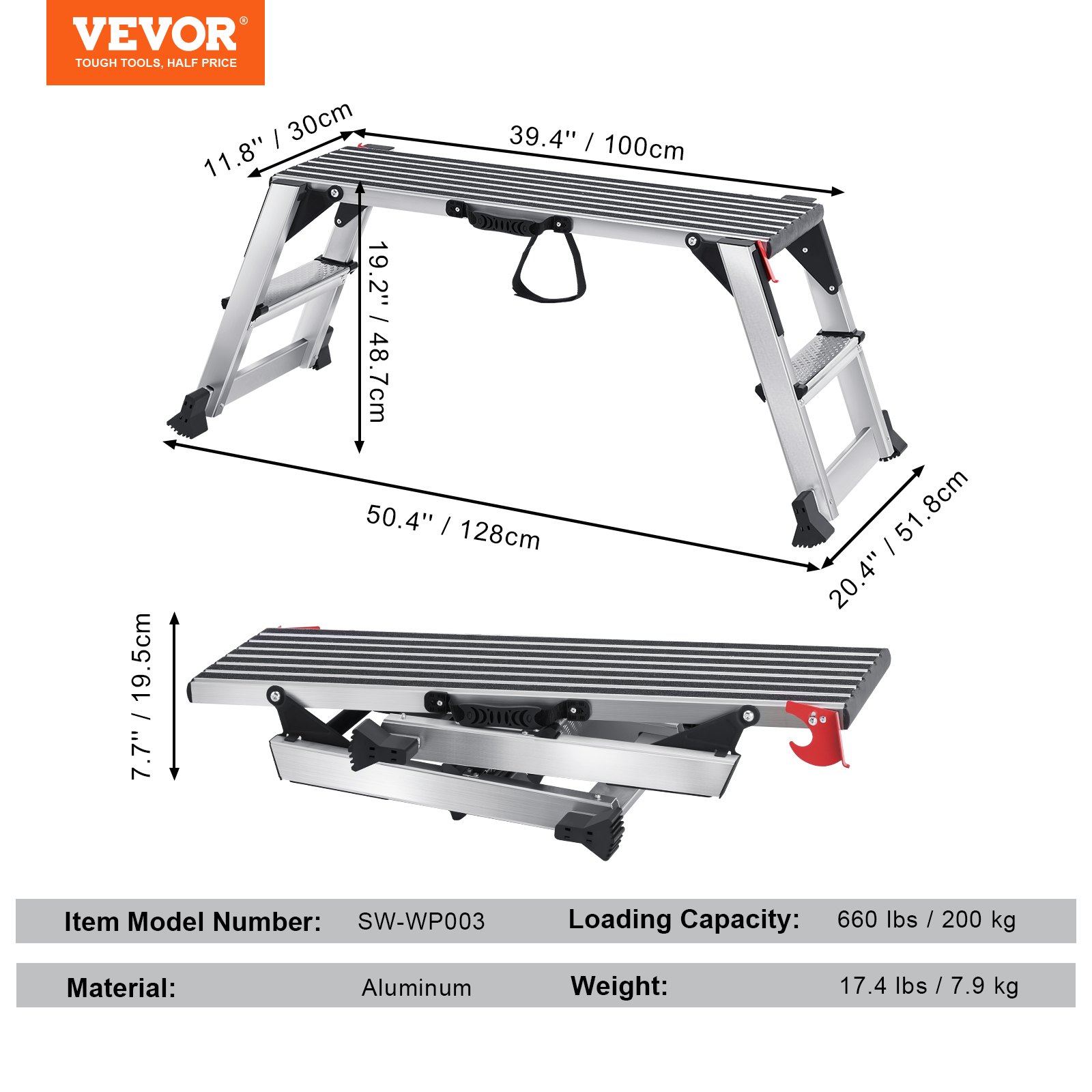 VEVOR Aluminum Folding Work Platform 100x30x48.7cm Work Stage 200kg Load Capacity Step Bench with Safety Locks Step Ladder for Home Office Workshop & Garage Silver