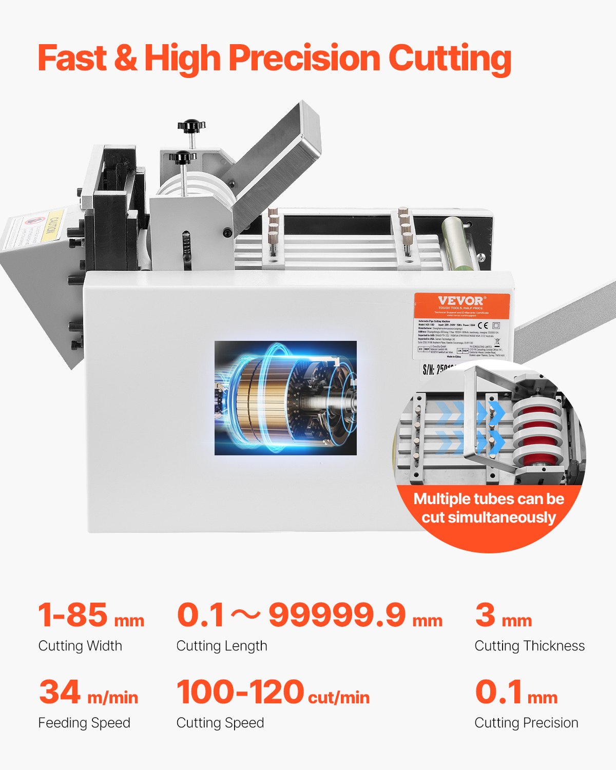VEVOR Tagliatubi Automatico per Termorestringenti 810 x 313 x 375 mm Macchina per Taglio di Tubi per Cavi, Larghezza di Taglio 1 mm a 85 mm Lunghezza 0,1 mm a 99999,9 mm Tubi in Fibra di Vetro, Cavi