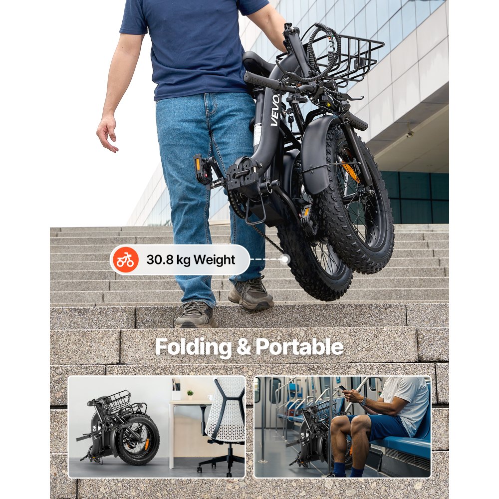 VEVOR Bici Elettrica Pieghevole da 250 W per Adulti con Batteria Rimovibile da 25 Ah, Motore Brushless da 36 V con 25 km/h, Autonomia Massima 70 km, Bici Elettrica Pneumatica 7 Velocità Regolabili