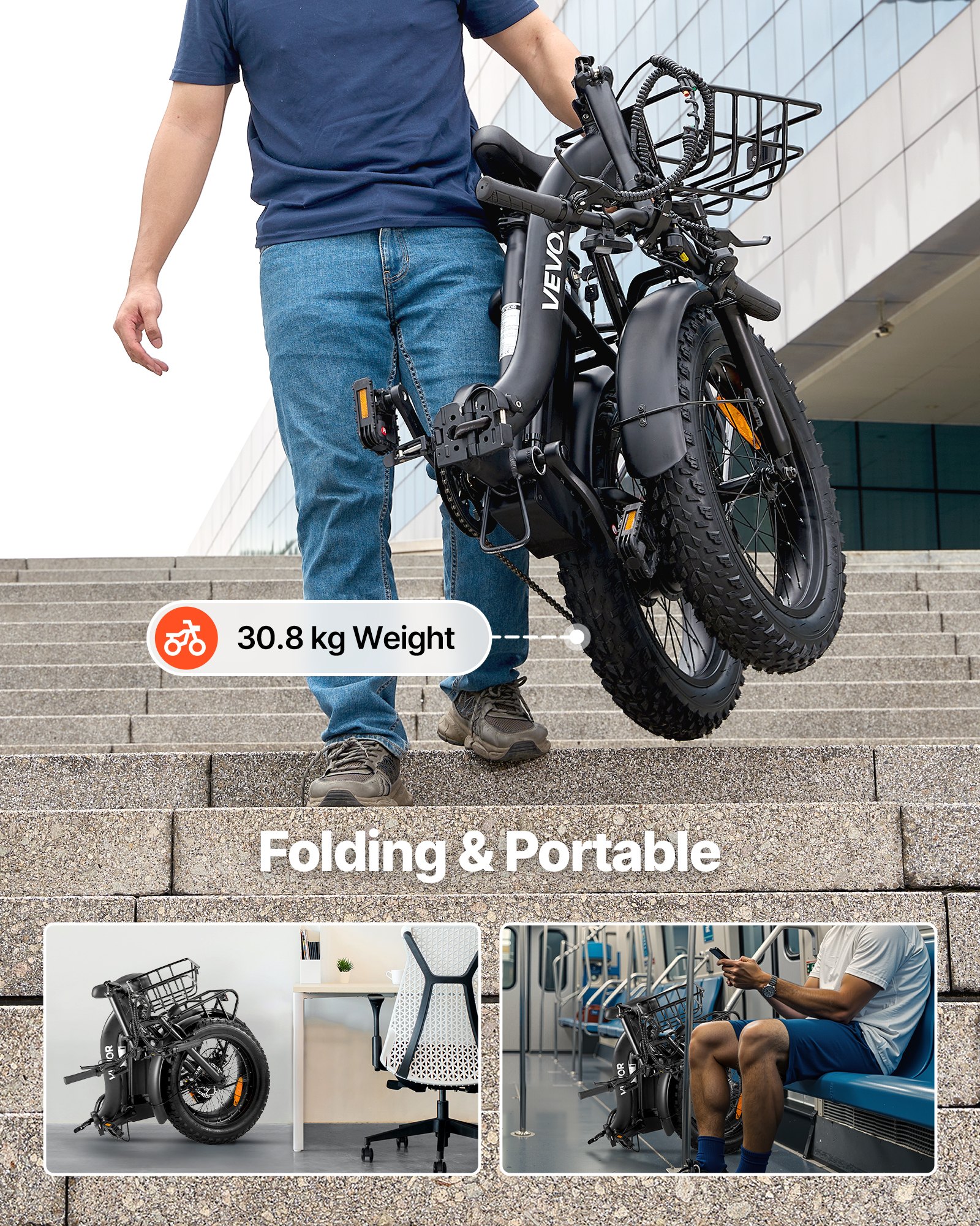 VEVOR Bici Elettrica Pieghevole da 250 W per Adulti con Batteria Rimovibile da 25 Ah, Motore Brushless da 36 V con 25 km/h, Autonomia Massima 70 km, Bici Elettrica Pneumatica 7 Velocità Regolabili