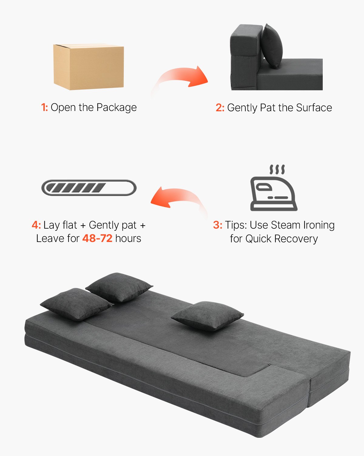 VEVOR Divano Letto Pieghevole con 3 Cuscini e Fodera Lavabile, Poltrona Letto Trasformabile in Memory Foam ad Alta Densità 25D, Divano Futon per Soggiorno, Camera da Letto, Grigio Scuro Singolo