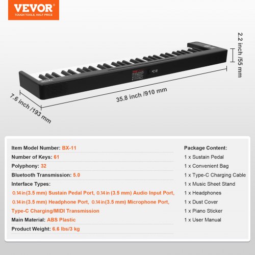 MAMIZO 61 Tasti Tastiera Pianoforte Digitale, Pianoforte Elettrico Portatile, USB MIDI,Pianola Tastiera per Bambini, con Leggio e Panca per Pianoforte, Tastiera Musicale per Principianti