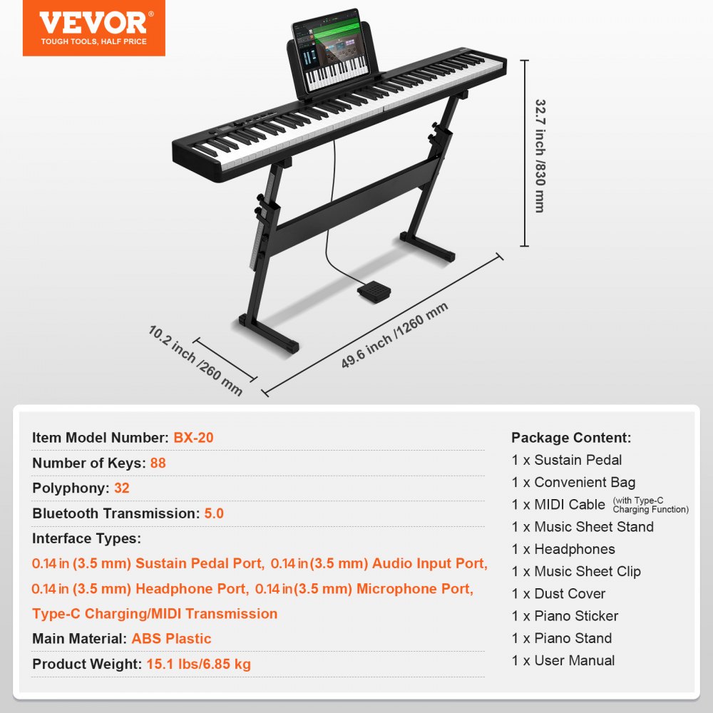 VEVOR 88 Tasti Tastiera Pieghevole Pianoforte, Bluetooth e MIDI, Digitale Pianoforte con Supporto Pedale Sustain Sensibile al Tocco Tasti Borsa, Ricaricabile per Principianti Adolescenti Adulti, Nero