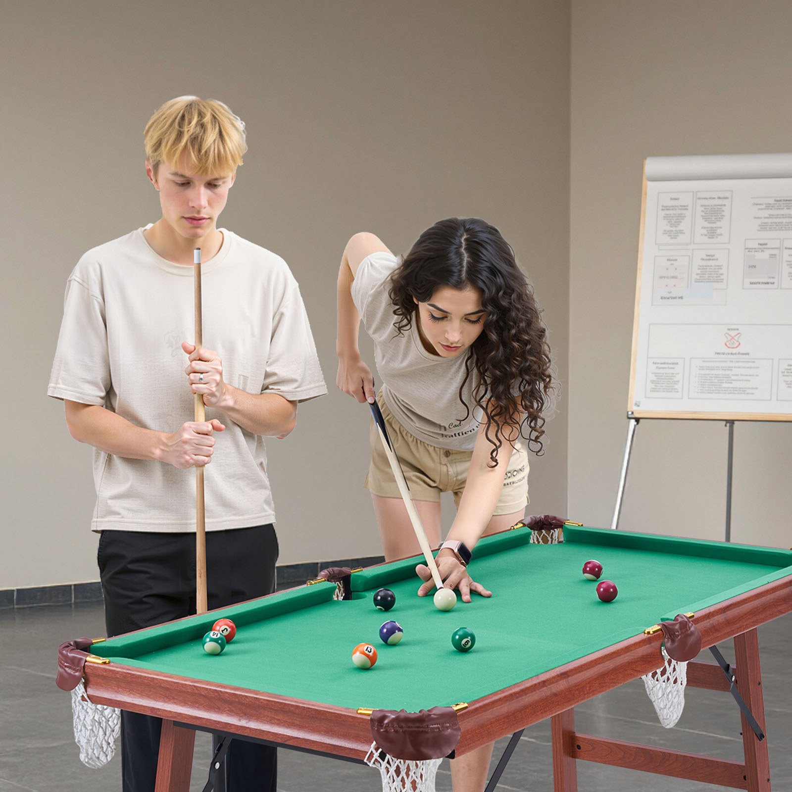 VEVOR Tavolo da Biliardo Pieghevole, 140 cm Set di Giochi di Intrattenimento Pieghevoli, con Palla, Stecca, Rastrelliera, Gesso, Spazzola, Marrone con Panno Verde, per Uso Familiare, Sala Ricreativa