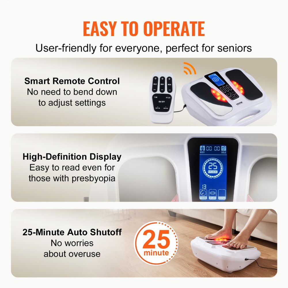 VEVOR Stimolatore per Circolazione dei Piedi, 3 Livelli Temperatura 25 Modalità 50 Intensità, EMS e TENS Massaggiatore per Piedi per Neuropatia, Stimolatore Elettrico per Piedi per Alleviare Dolore
