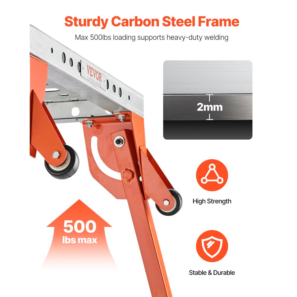 VEVOR Folding Welding Table 533x1118mm, 226 kg Load Capacity, Workbench with 4-Stage Height Adjustment, Workbench with 6 Tool Slots and 16mm Mounting Holes for Repairing Welded Assemblies