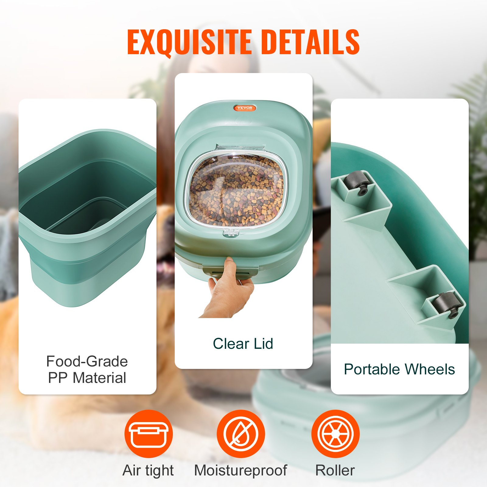 VEVOR Contenitore Pieghevole per Alimenti Secchi Copertura Ermetica Capienza Max. 25L Materiale PP Alimentare, Contenitore Pieghevole per Cibi Secchi con Ruote, Contenitore per Riso Cibo di Gatti Cani