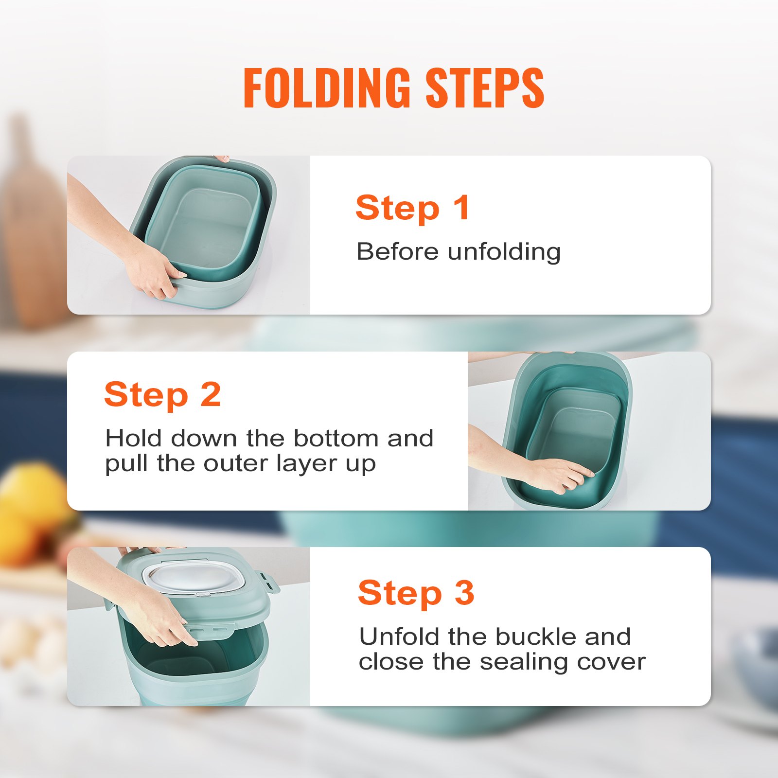 VEVOR Contenitore Pieghevole per Alimenti Secchi Copertura Ermetica Capienza Max. 25L Materiale PP Alimentare, Contenitore Pieghevole per Cibi Secchi con Ruote, Contenitore per Riso Cibo di Gatti Cani