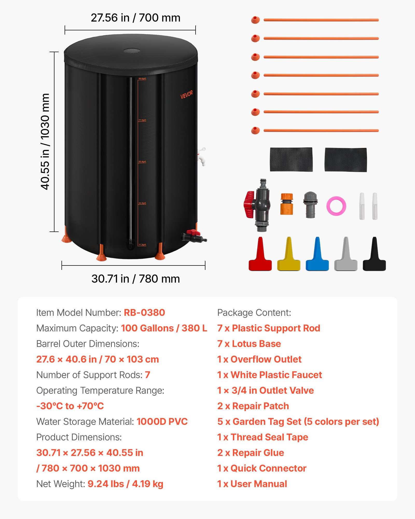 VEVOR Collapsible Rain Barrel, 380 L Portable Rain Water Collection Barrel, 1000D PVC Rainwater Collection System, Garden Water Catcher Tank Storage Container with Spigot & Overflow Kit, Black