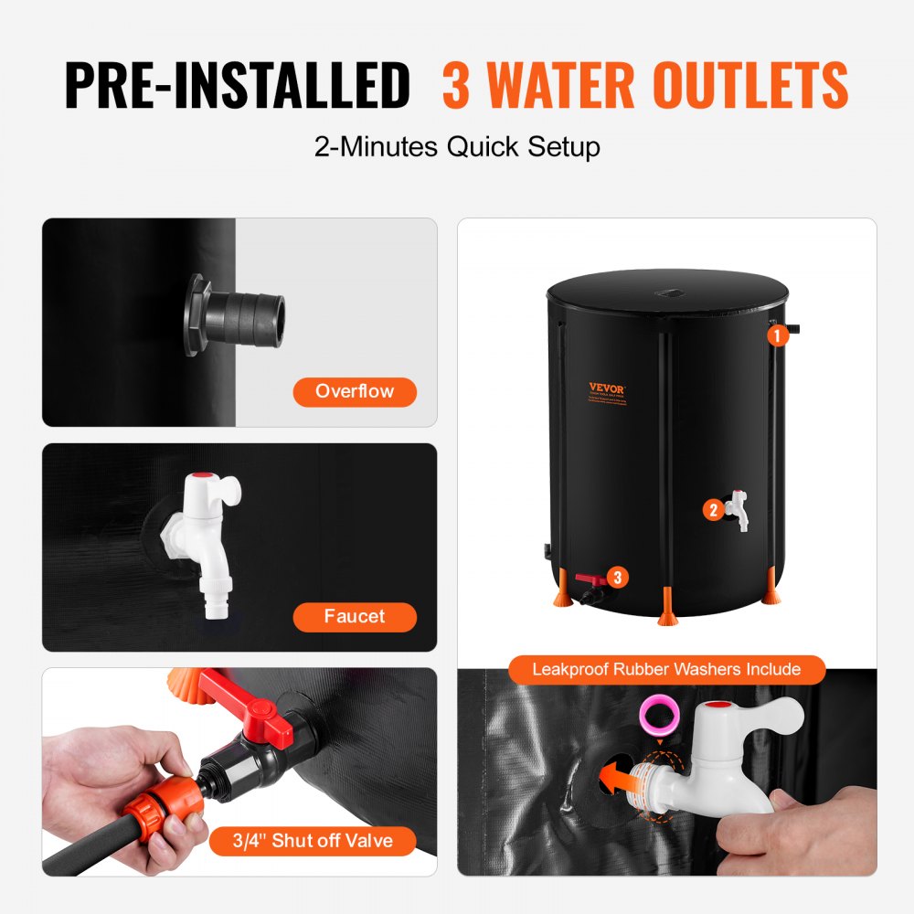 VEVOR Barile per Pioggia Pieghevole 78 x 70 x 103 cm Serbatoio per Acqua Portatile 380 L Barile per Raccolta Acqua Piovana con Rubinetti e Kit Troppo Pieno, Barile per Raccoglitore d'Acqua da Giardino