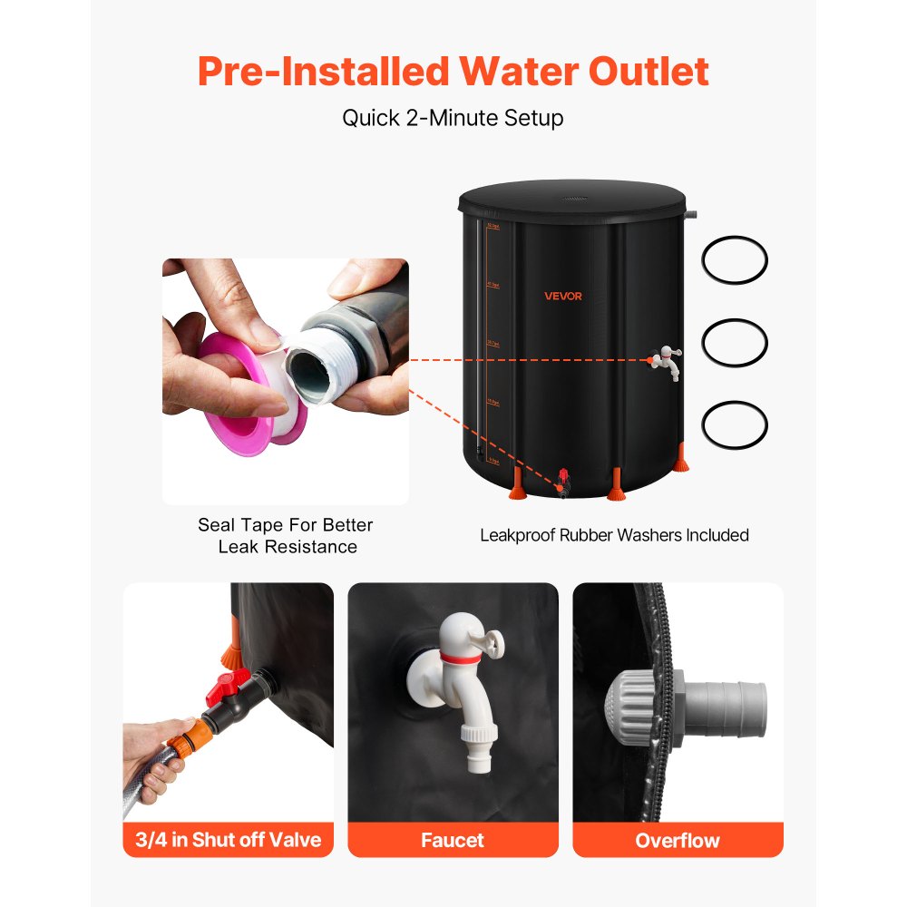 VEVOR Collapsible Rain Barrel, 201 L Portable Rain Water Collection Barrel, 1000D PVC Rainwater Collection System, Garden Water Catcher Tank Storage Container with Spigot & Overflow Kit, Black