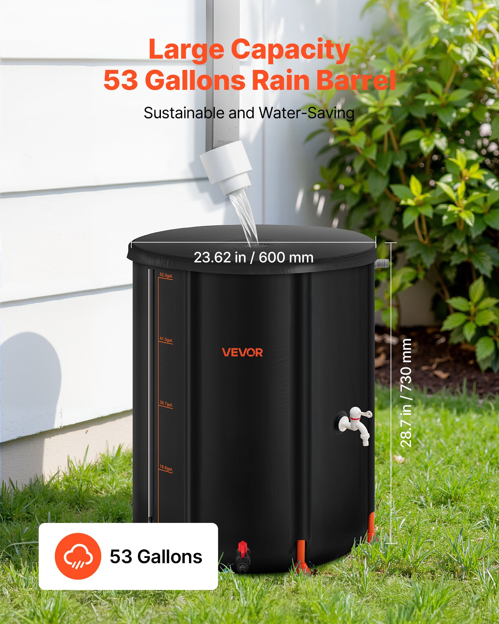 VEVOR Collapsible Rain Barrel, 201 L Portable Rain Water Collection Barrel, 1000D PVC Rainwater Collection System, Garden Water Catcher Tank Storage Container with Spigot & Overflow Kit, Black